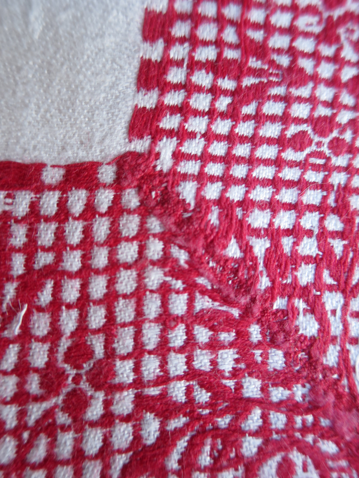 Antique Linen Damask Tablecloth with Red Pattern Darning, circa 1900