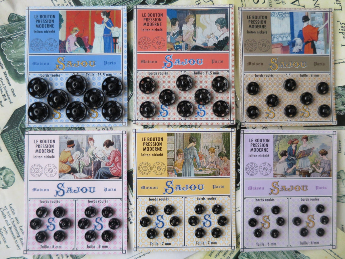Sajou Black Carded Press Studs Snaps- Sizes- 6mm, 7mm, 8mm, 9mm, 11.5mm & 15.5mm