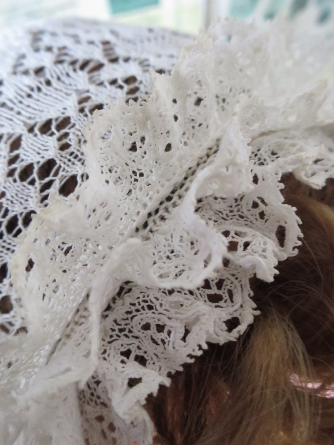 Antique Victorian Hand Knitted Shetland Lace Baby Bonnet- Pretty Bobbin Lace Trim