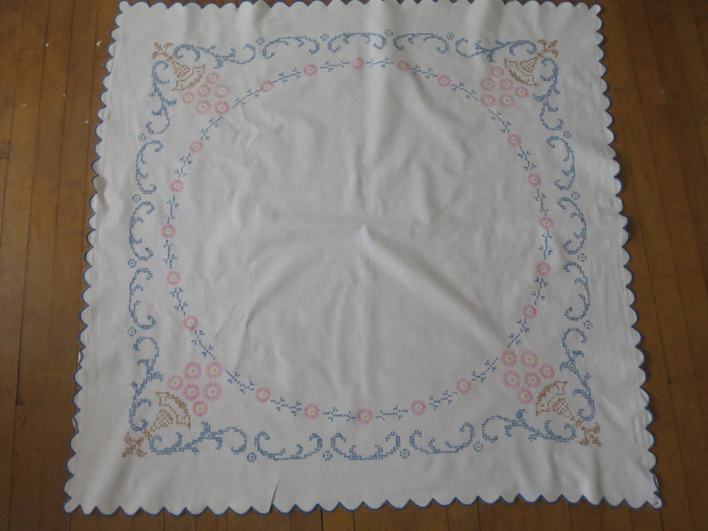 Pretty Vintage Linen Union Table Cloth- Hand Embroidered Cross Stitch Flowers