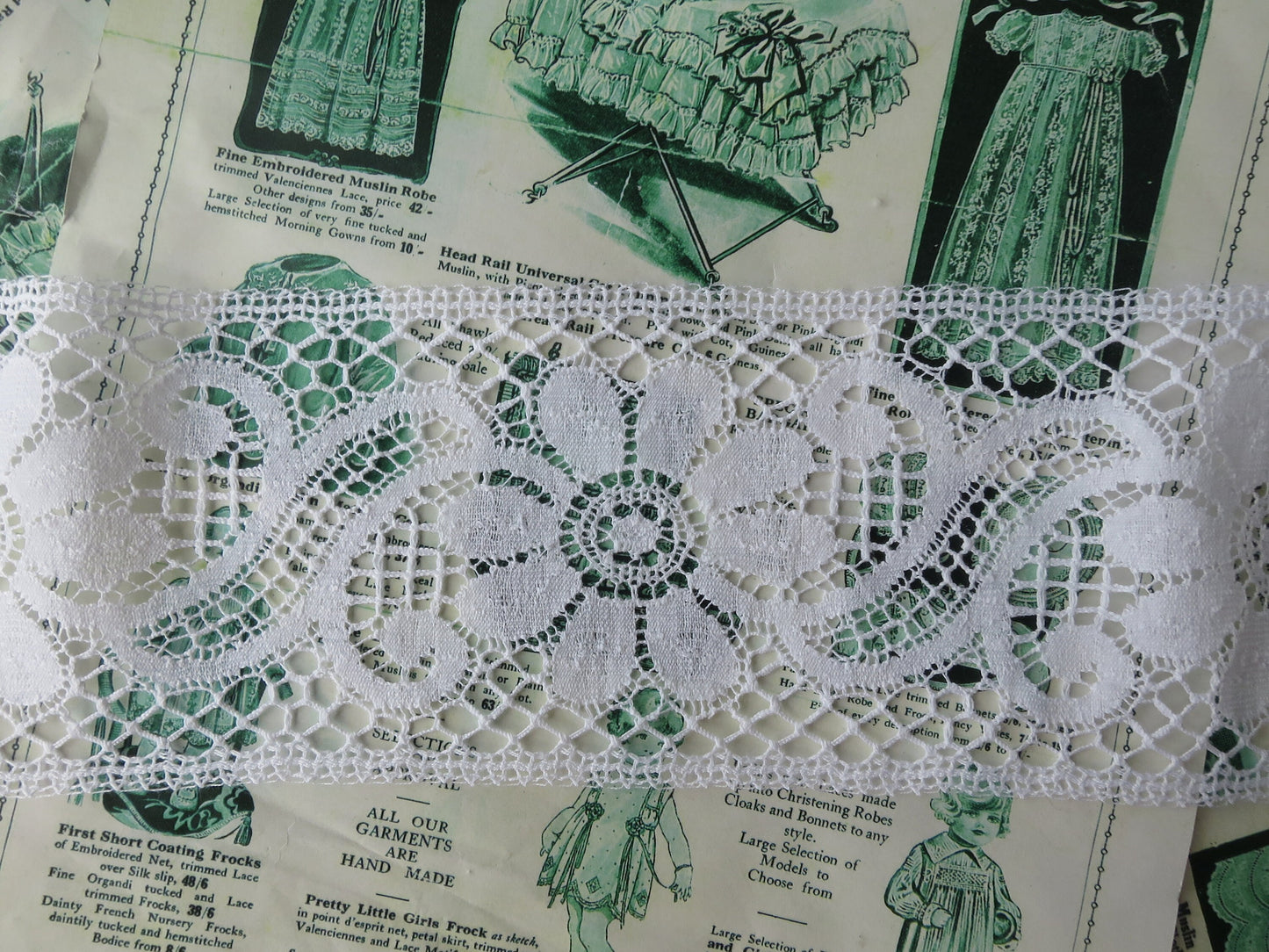White English Nottingham Cluny Lace- Floral Scrolls- Insertion- 10 cm
