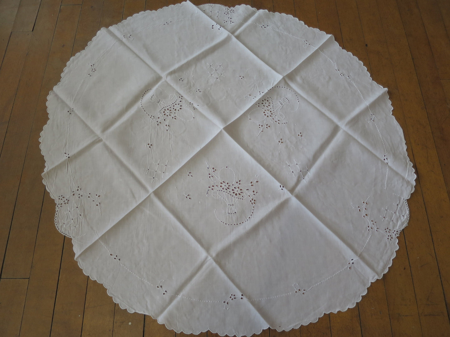 Antique Edwardian Circular Irish Linen Table Cloth- Hand Worked Whitework Eyelet Embroidery