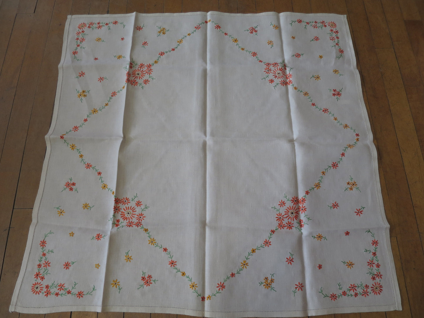 Lovely Vintage Irish Linen Table Cloth- Hand Embroidered Orange Flowers