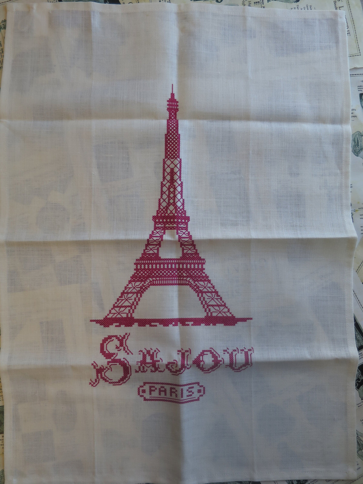 Sajou Cross Stitch Eiffel Tower French Linen Printed Tea Towel- Off White