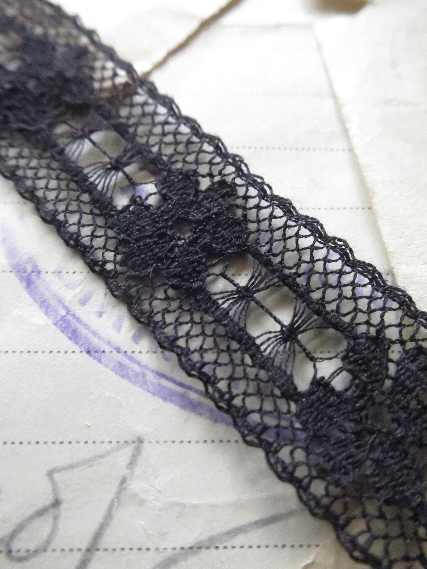 Black English Nottingham Lace- Floral & Openwork Insertion Lace 1.7 cm