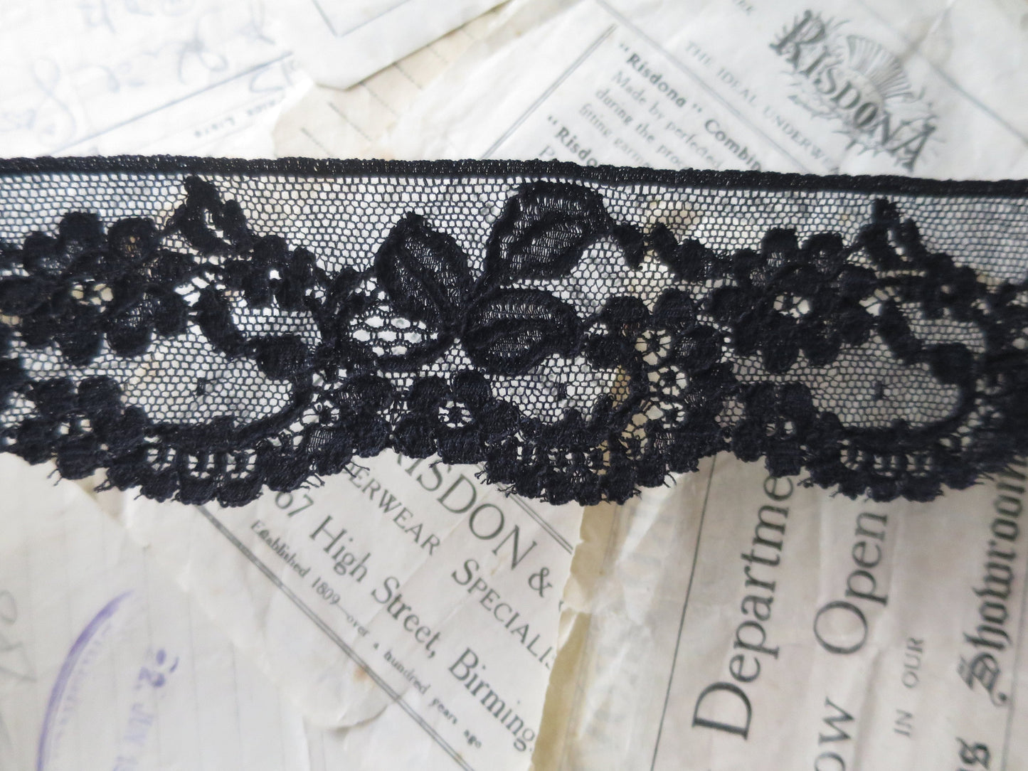 Black English Nottingham Lace- Chantilly Swags & Flowers 5.5 cm