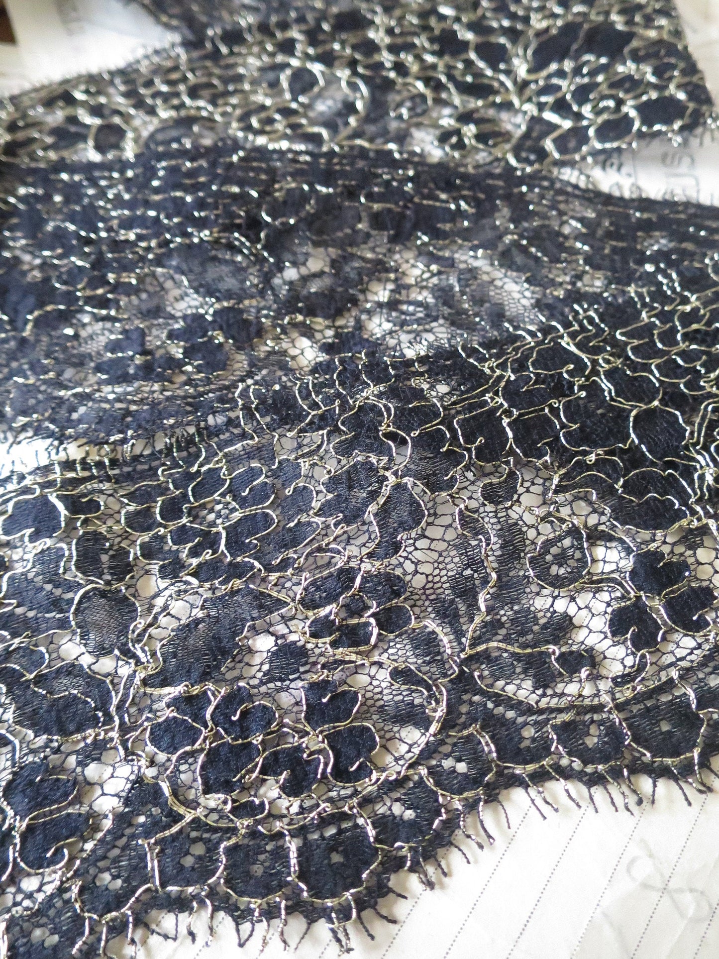 Black & Gold English Nottingham Lace- Floral Swags Eyelash- 8 cm