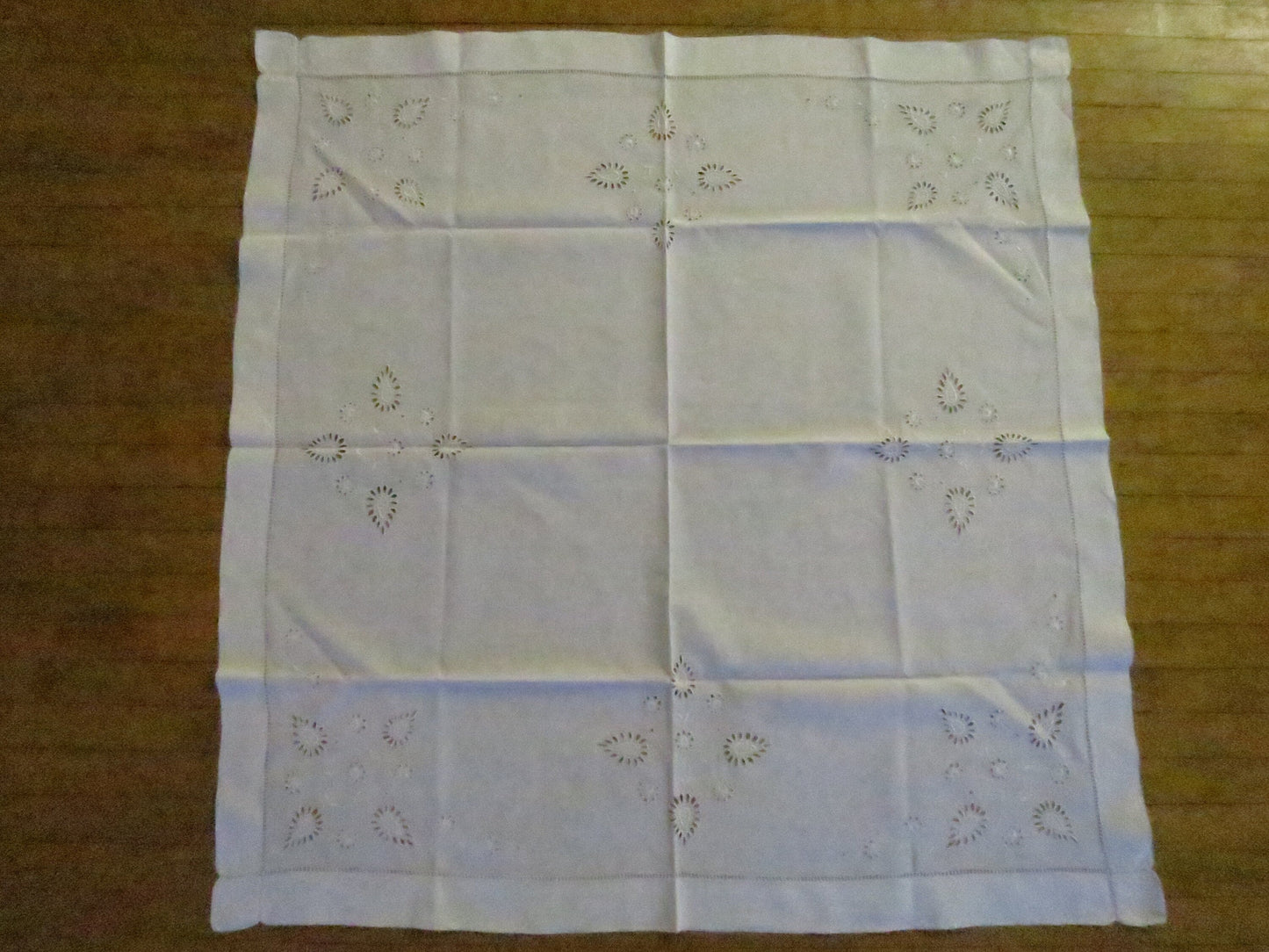 Art Deco Edwardian Irish Linen Table Cloth- Hand Worked Whitework Eyelet Embroidery & Drawn Threads