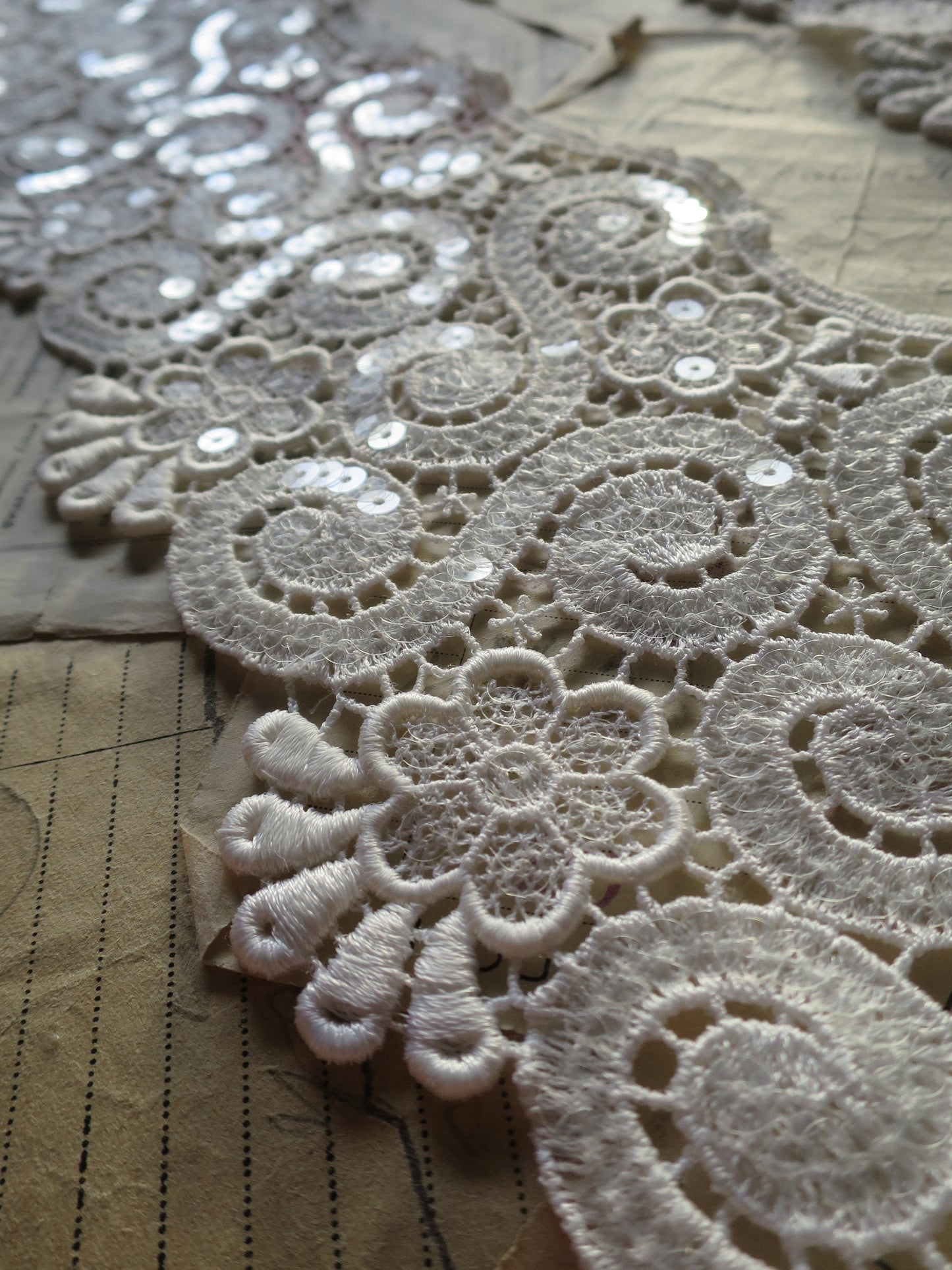 Deep Off White Embroidered & Sequined Lace Trim