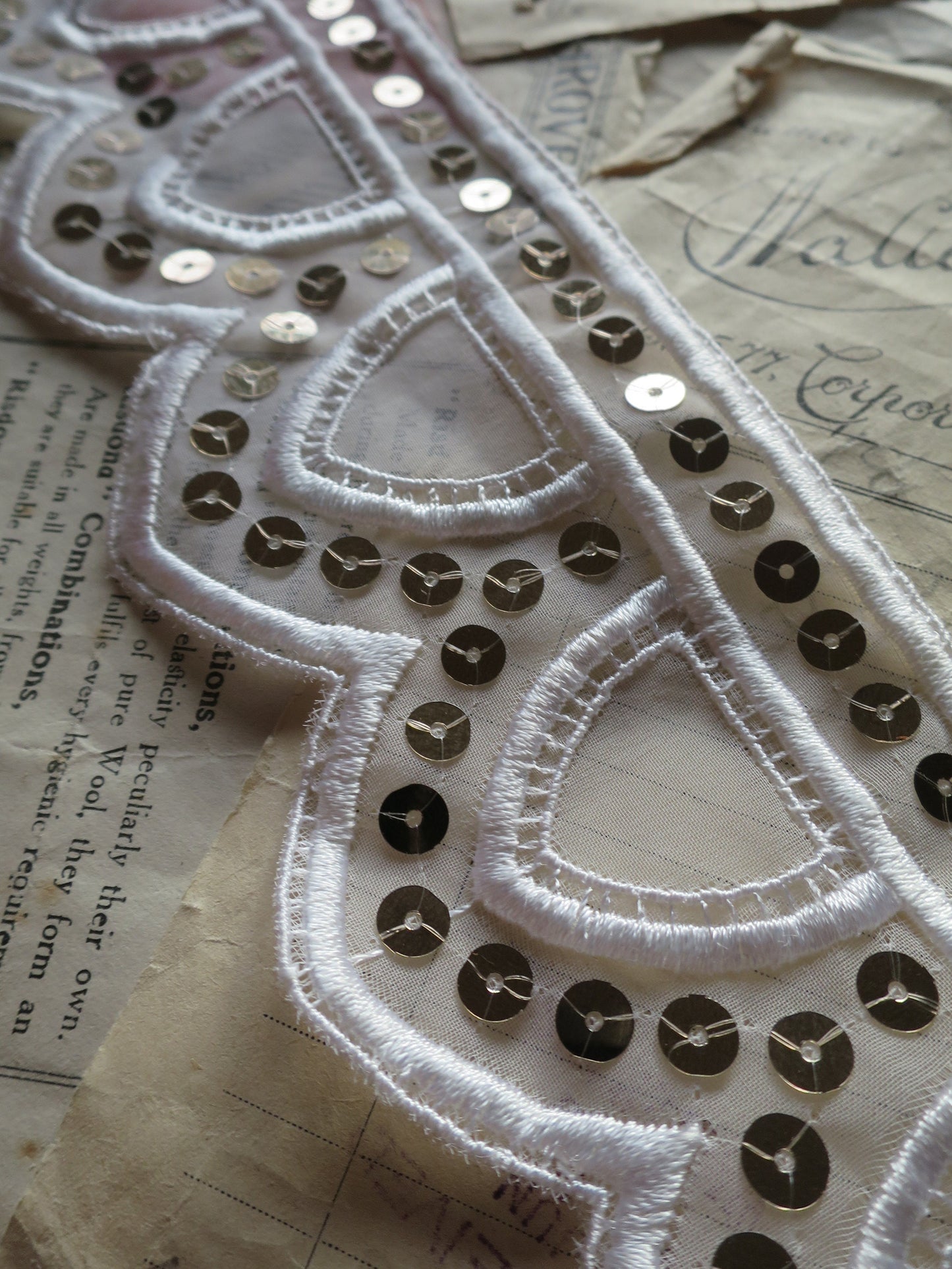 White Art Deco Style Embroidered & Sequined Tulle Trim