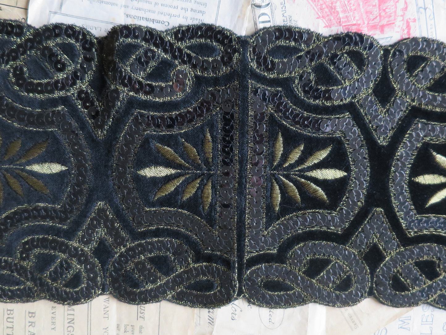 Black Cotton Velvet Gilt Embroidered & Sequined Art Deco Style Applique