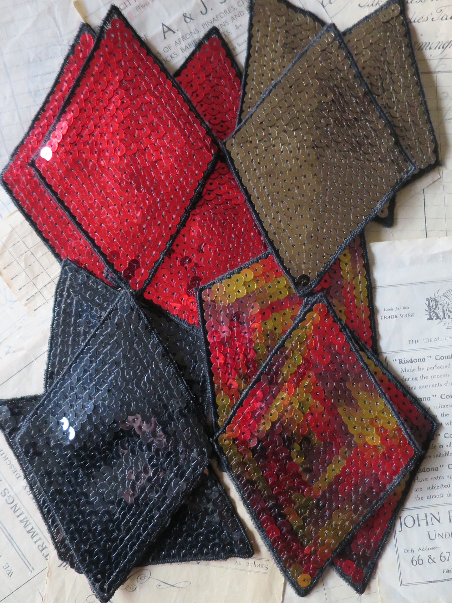 Vintage Swarovski Sequin Diamond Appliques- Black Red Gold Multi