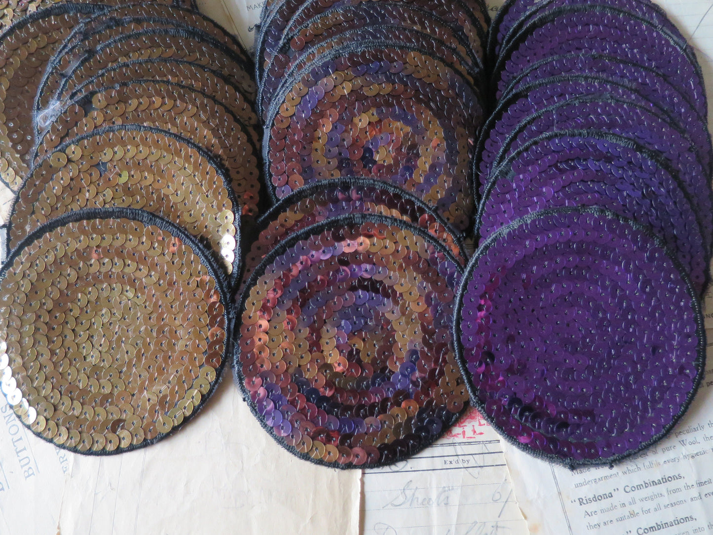 Vintage Swarovski Sequin Circular Disc Appliques- Purple Gold Multi