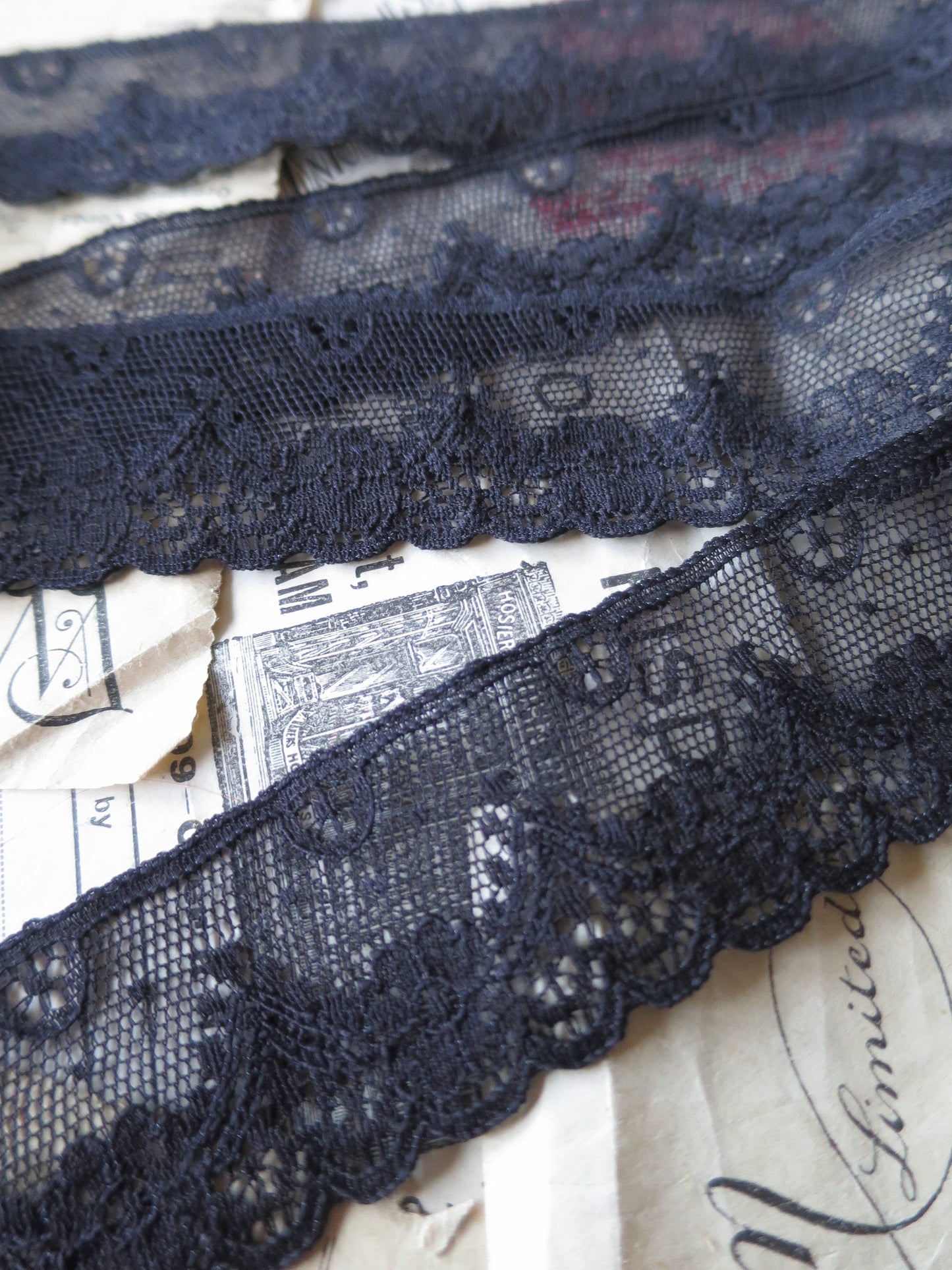 Black English Nottingham Lace- Diamond & Floral Point Lace- 3.5 cm