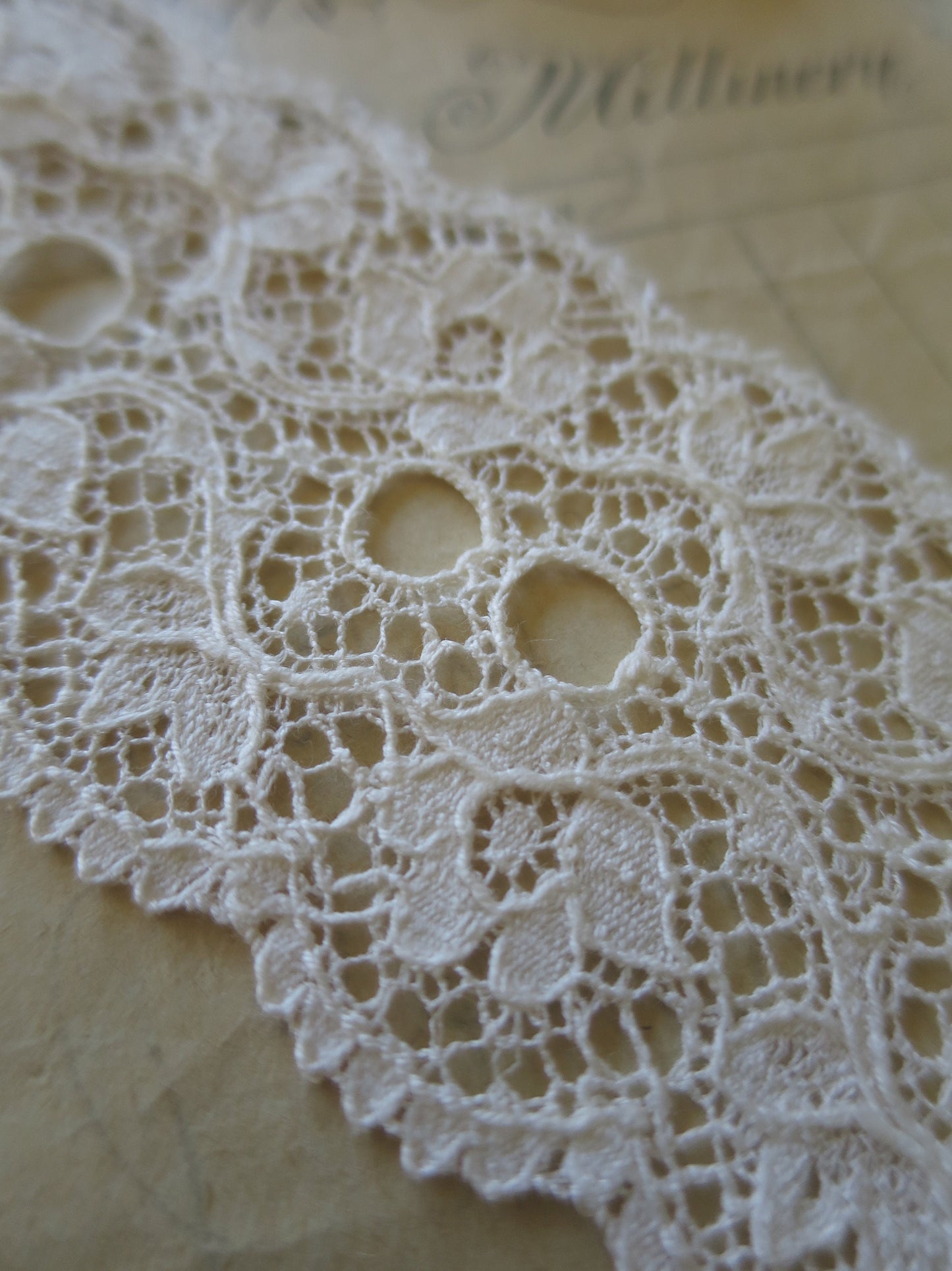 Ecru English Nottingham Lace- Scalloped Raised Floral Double Eyelet- Galloon- 5.5 cm
