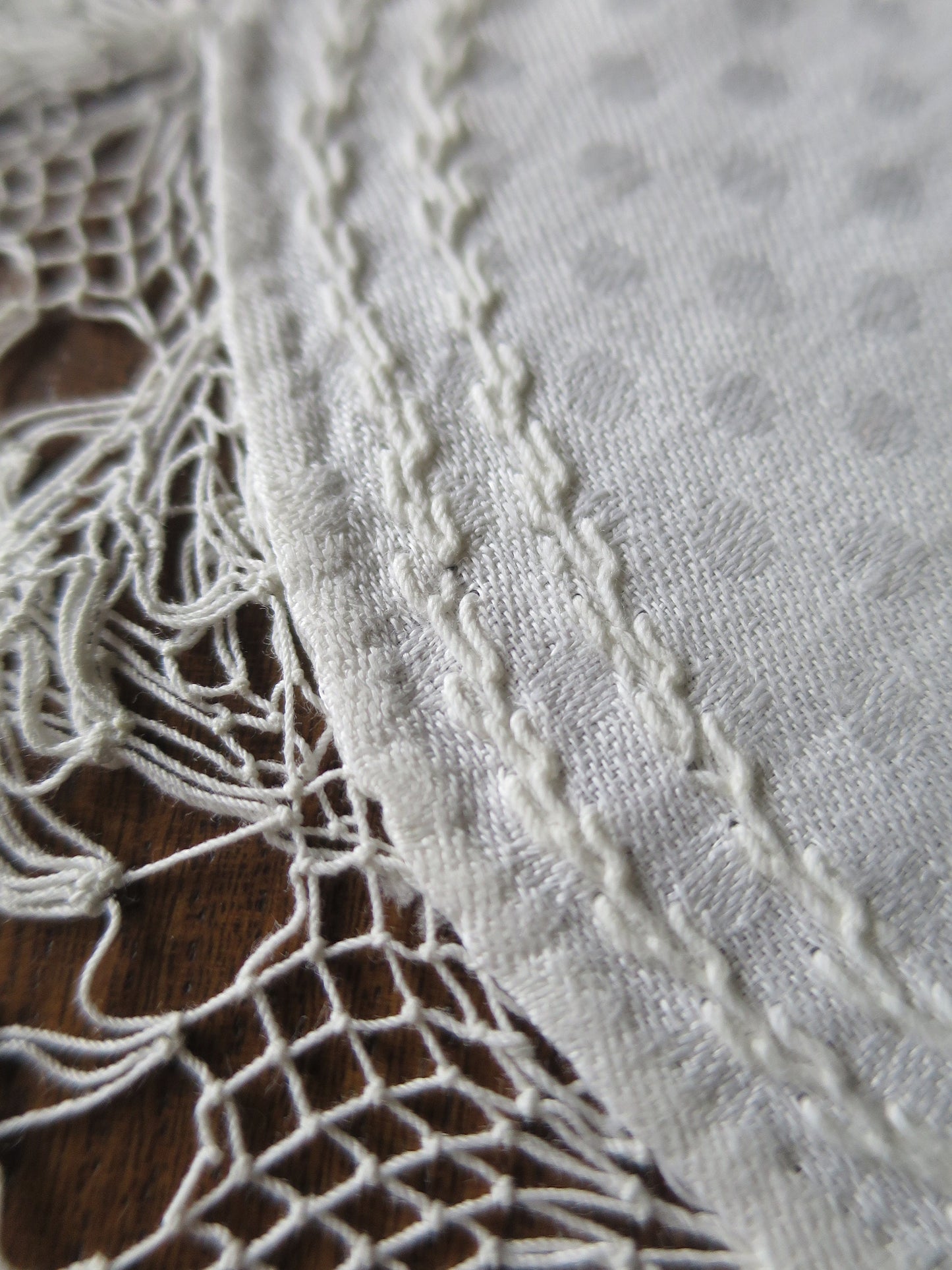 Antique Linen Damask Doily- Whitework Hand Embroidery & Hand Worked Knotted Lace