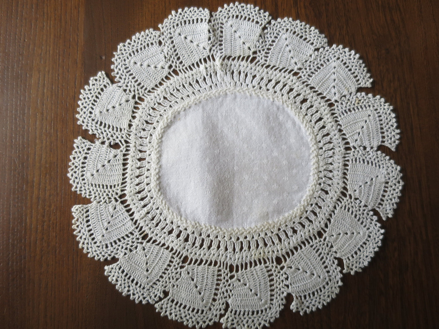 Antique Linen Damask Doily- Hand Embroidery & Hand Worked Crochet