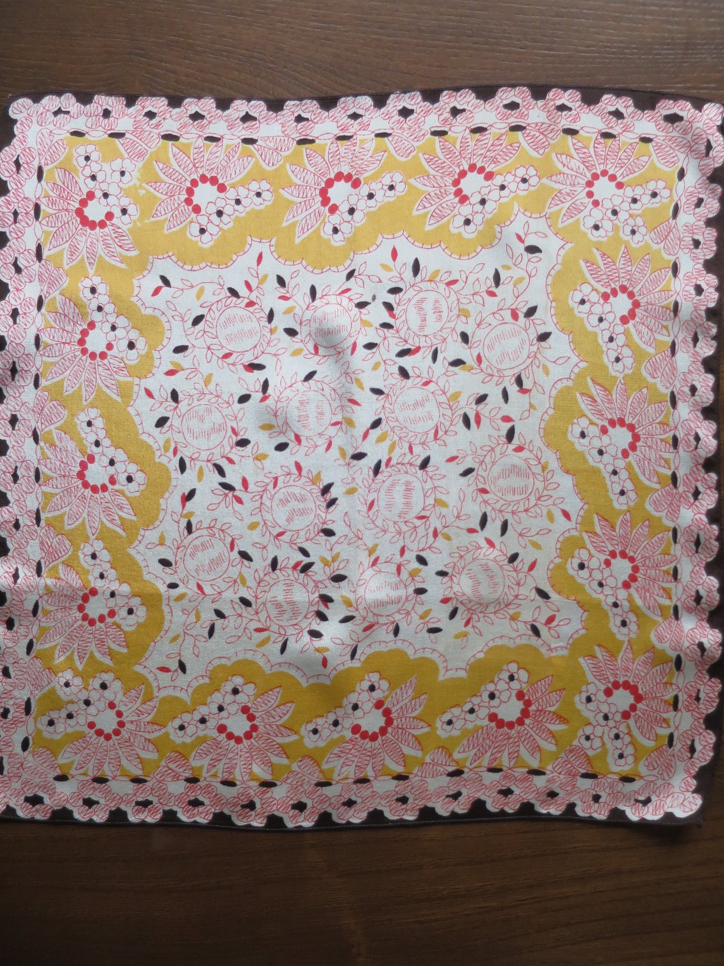 Vintage 1950's Silk Handkerchief- Ochre and Red