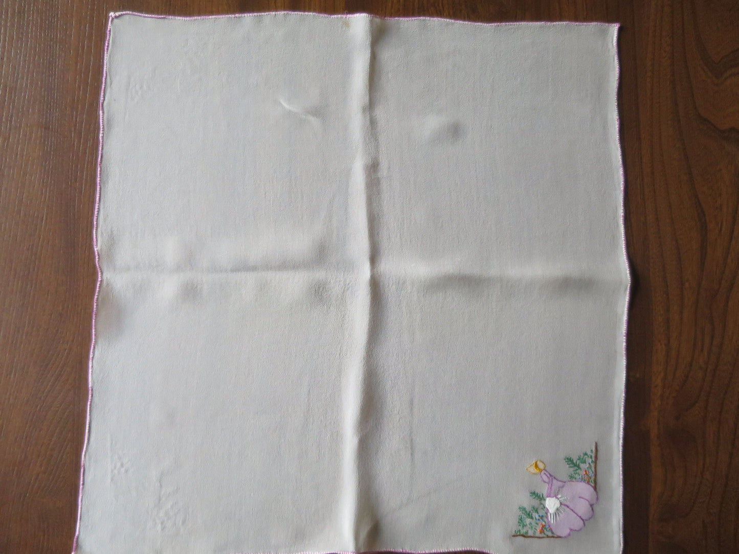 Vintage 1930's Silk Crepe Handkerchief- Hand Embroidered Crinoline Lady