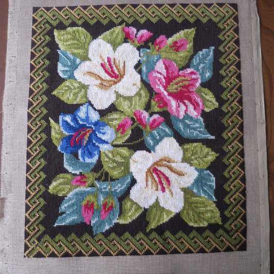 Vintage Hand Embroidered Berlin Tapestry Picture- Lilies