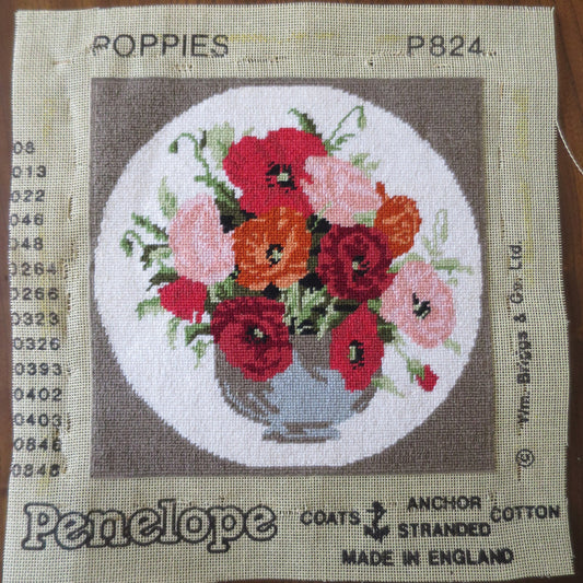 Vintage Hand Embroidered Tapestry Picture- Poppies