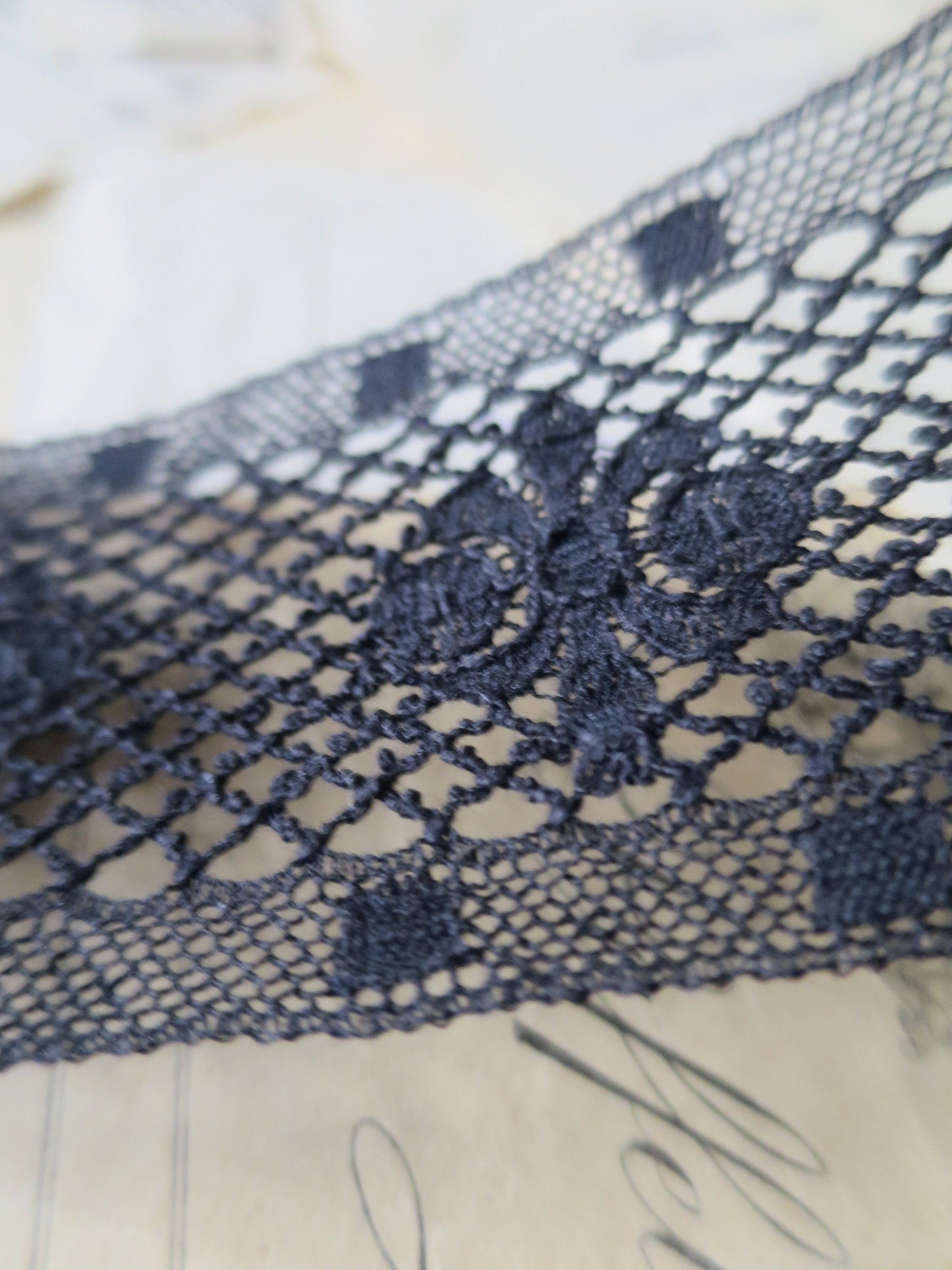 Black English Nottingham Lace- Scalloped Trellis Guipure- Insertion- 5.5 cm