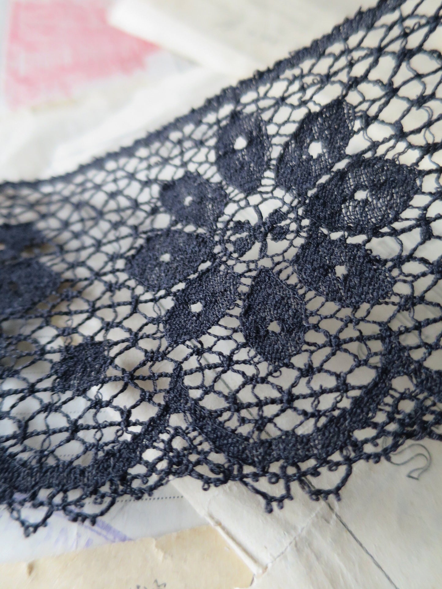 Black English Nottingham Lace- Floral Flat Point Lace- 7.5 cm