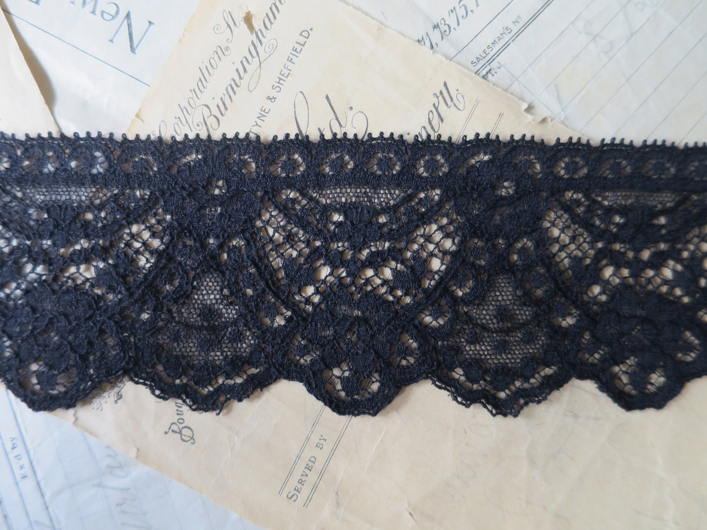 Black English Nottingham Lace- Swags & Cartouches Point Lace- 7.5 cm