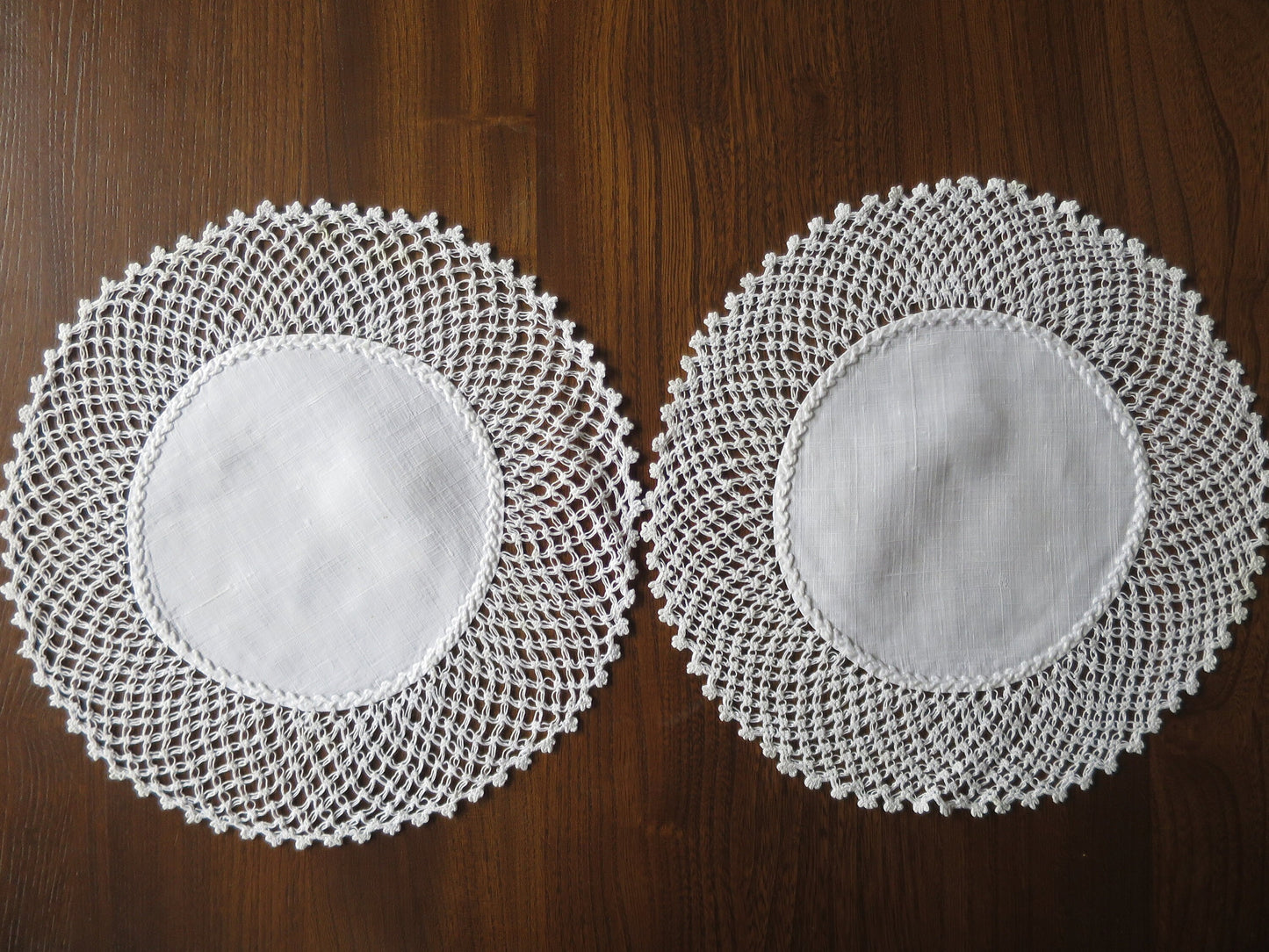 Pair Antique Hand Embroidered Linen & Hand Knotted Lace Doilies