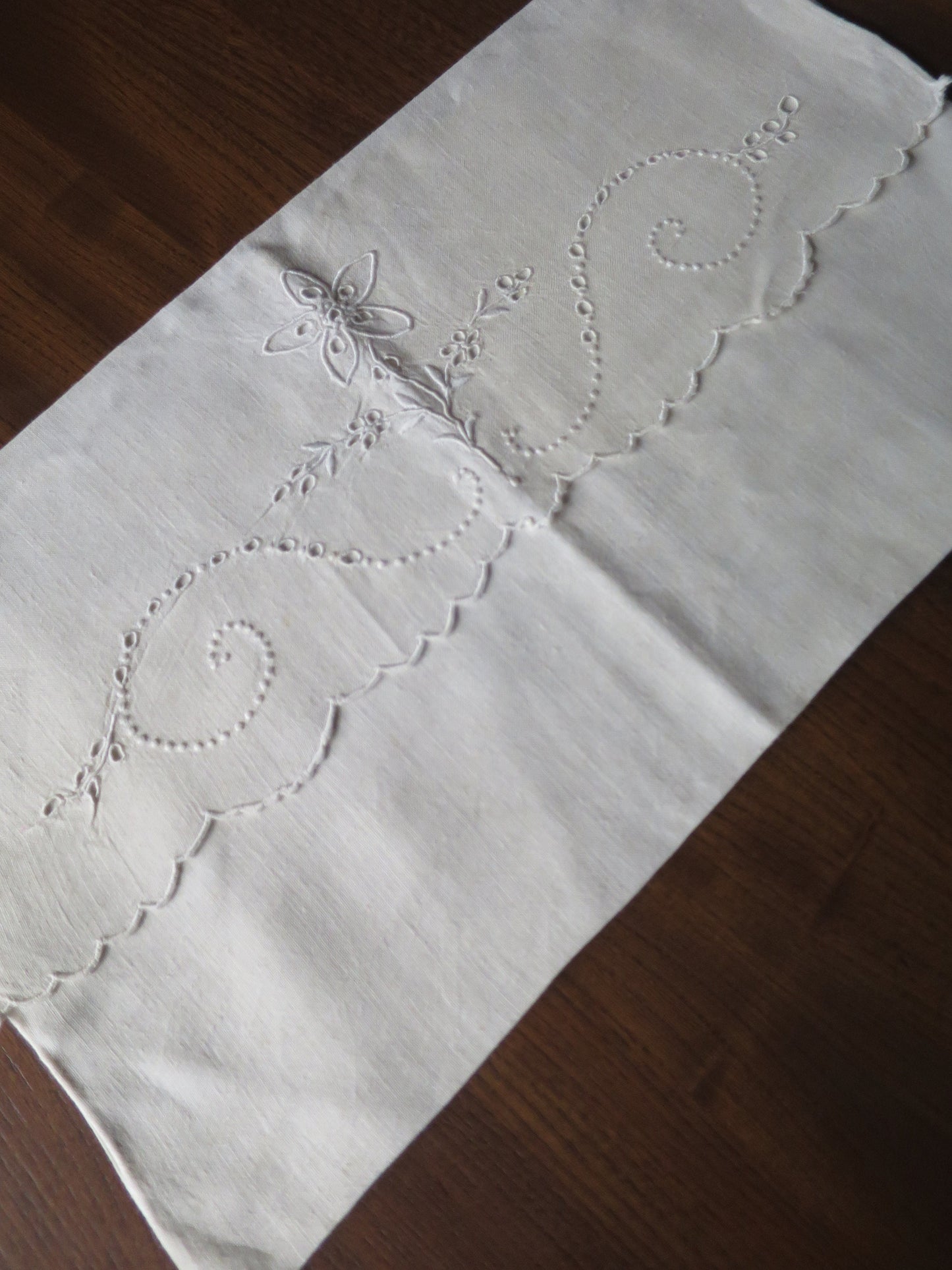 Antique Irish Linen Handkerchief Case- Hand Embroidered Whitework Eyelets