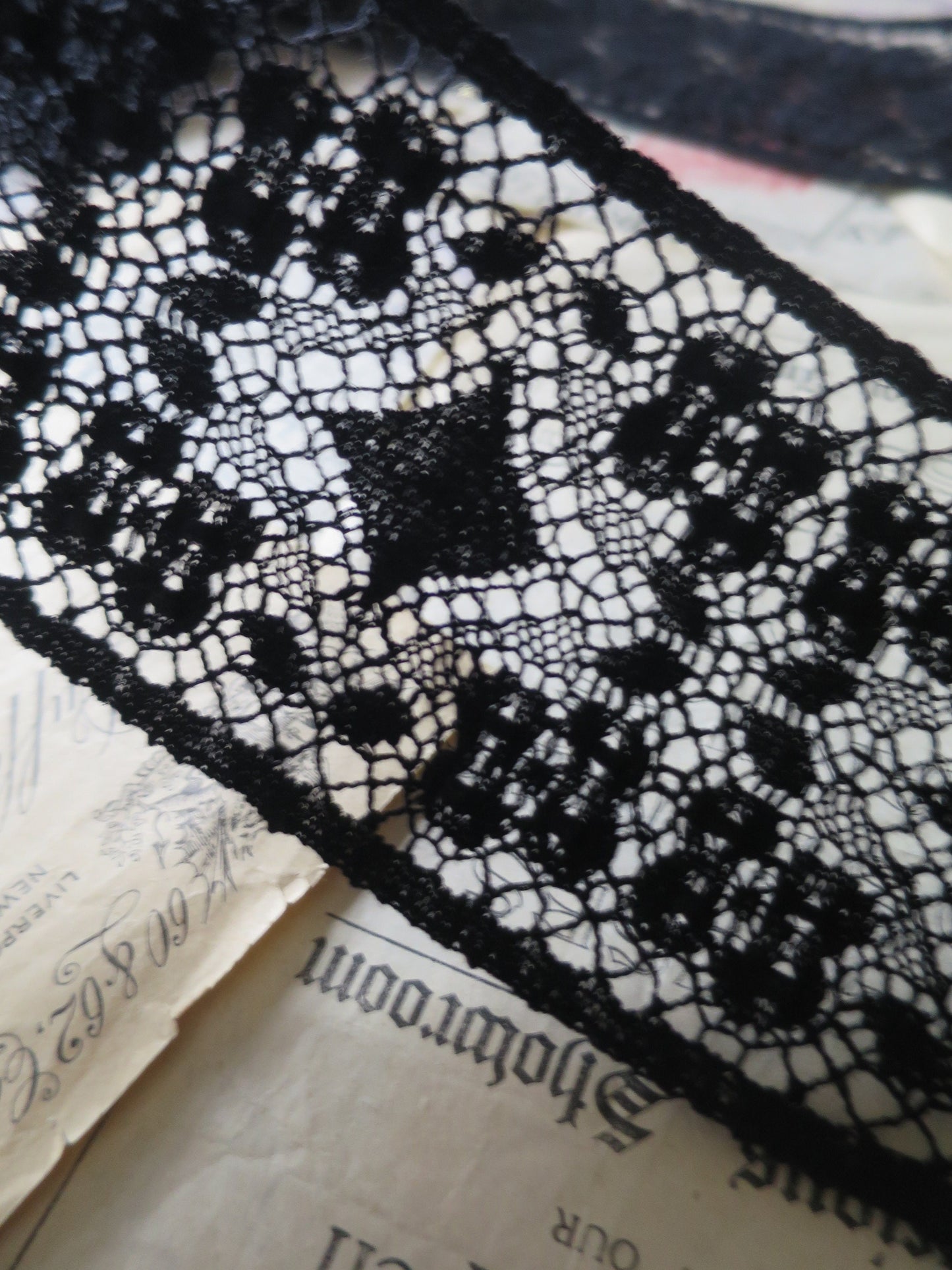 Black English Nottingham Cluny Lace- Diamond & Raised Spots Torchon Guipure- Insertion- 9 cm