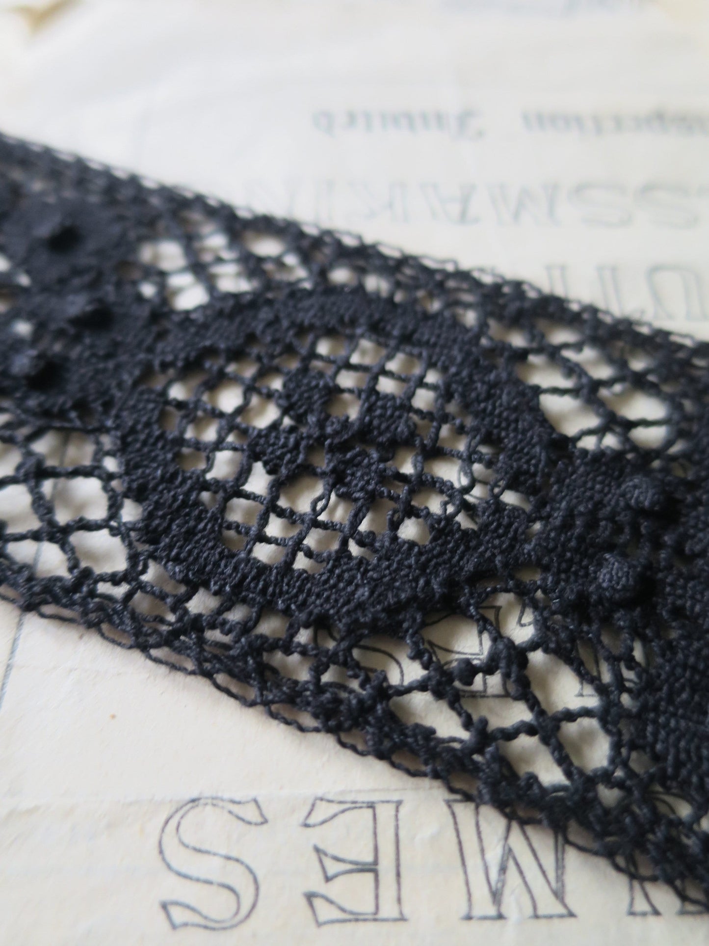 Black English Nottingham Cluny Lace- Raised Floral & Oval Torchon Guipure- Insertion- 6 cm