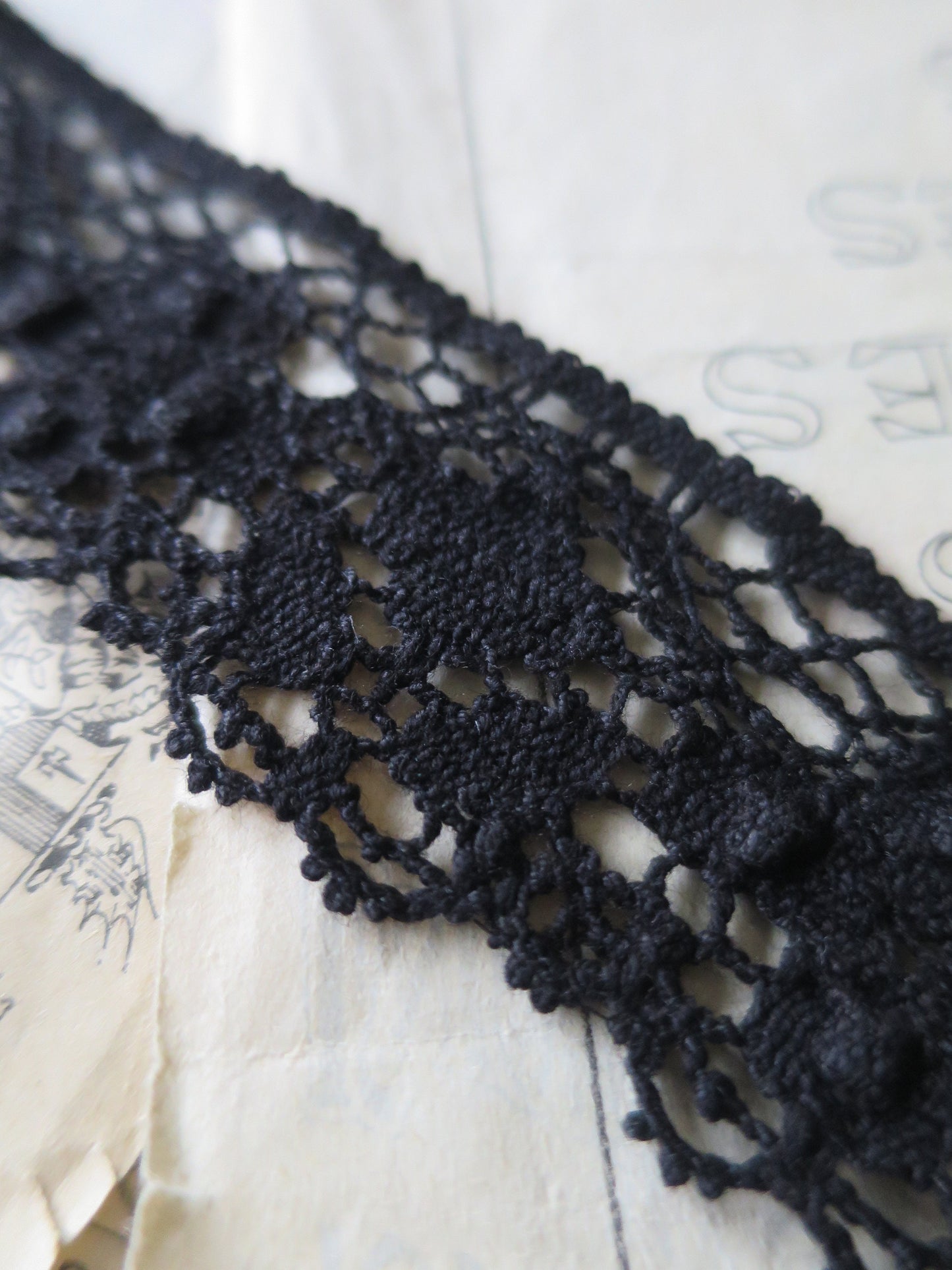 Black English Nottingham Cluny Lace- Diamond & Raised Spots Torchon Guipure - 4.3 cm