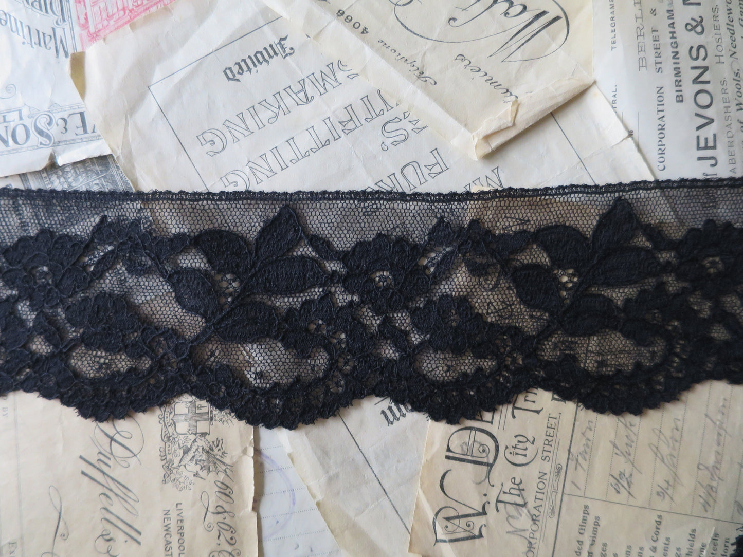 Black English Nottingham Lace- Chantilly Swags & Flowers 7.5 cm
