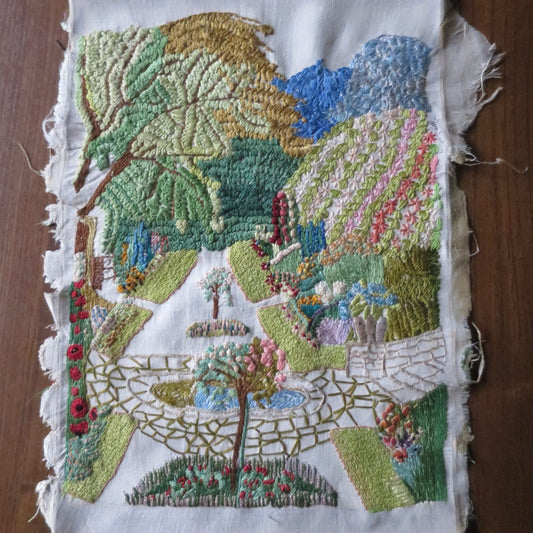 Vintage Hand Embroidered Panel- English Garden