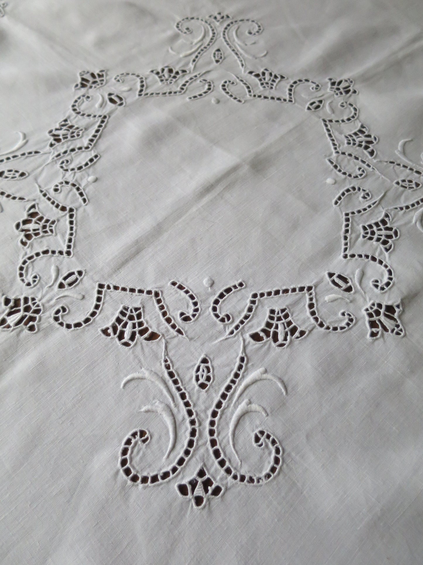 Antique Irish Linen Table Cloth- Whitework Hand Embroidery & Needle Lace
