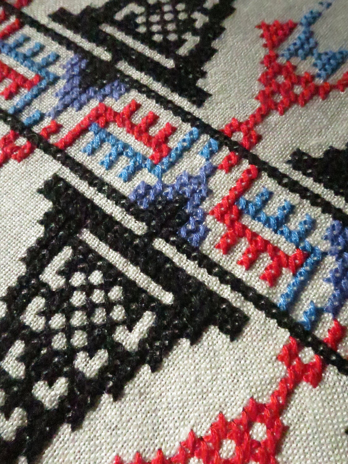 Vintage Linen Table Runner- Vibrant Cross Stitch Hand Embroidery