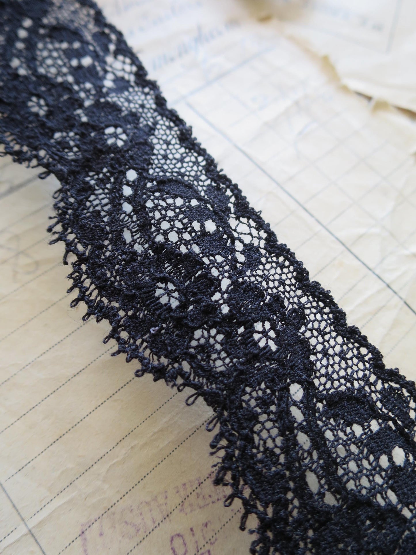 Black English Nottingham Lace- Frothy Floral Roses Swags Point Lace- 3 cm