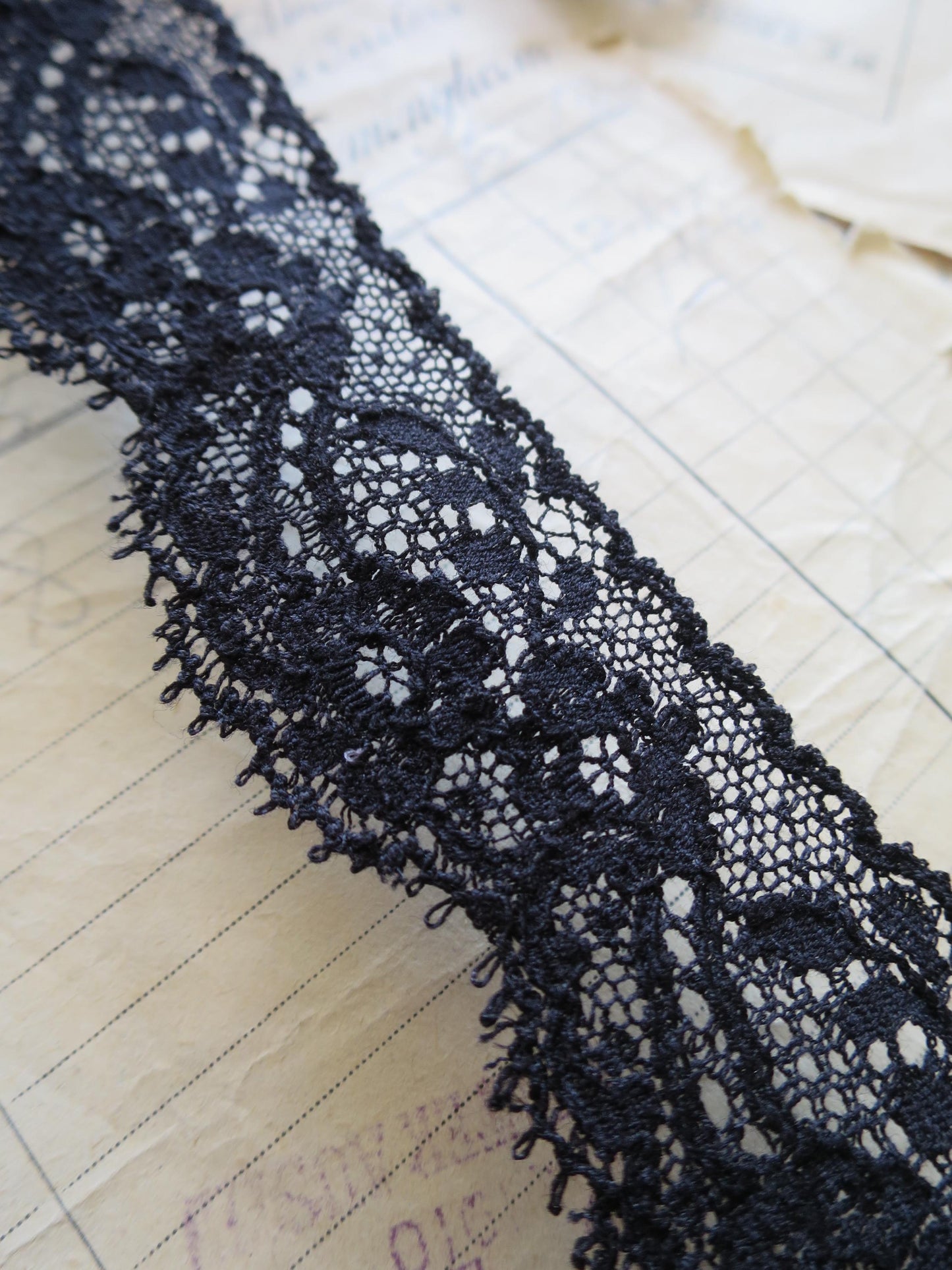 Black English Nottingham Lace- Frothy Floral Roses Swags Point Lace- 3 cm