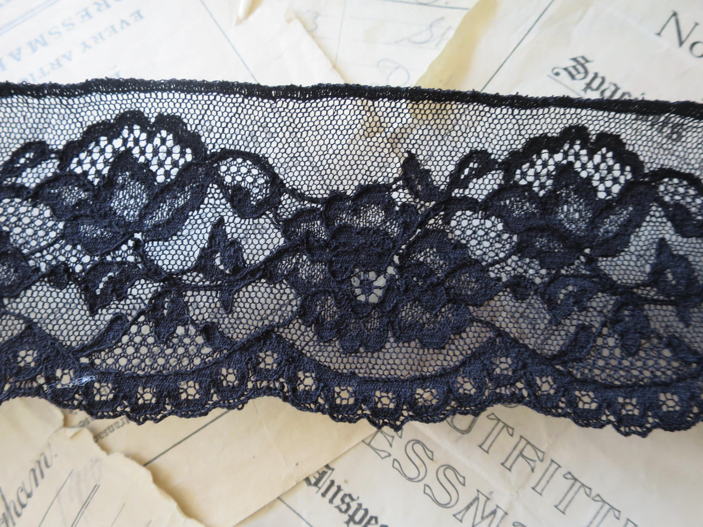 Black English Nottingham Lace- Mechlin Roses- 7.5 cm