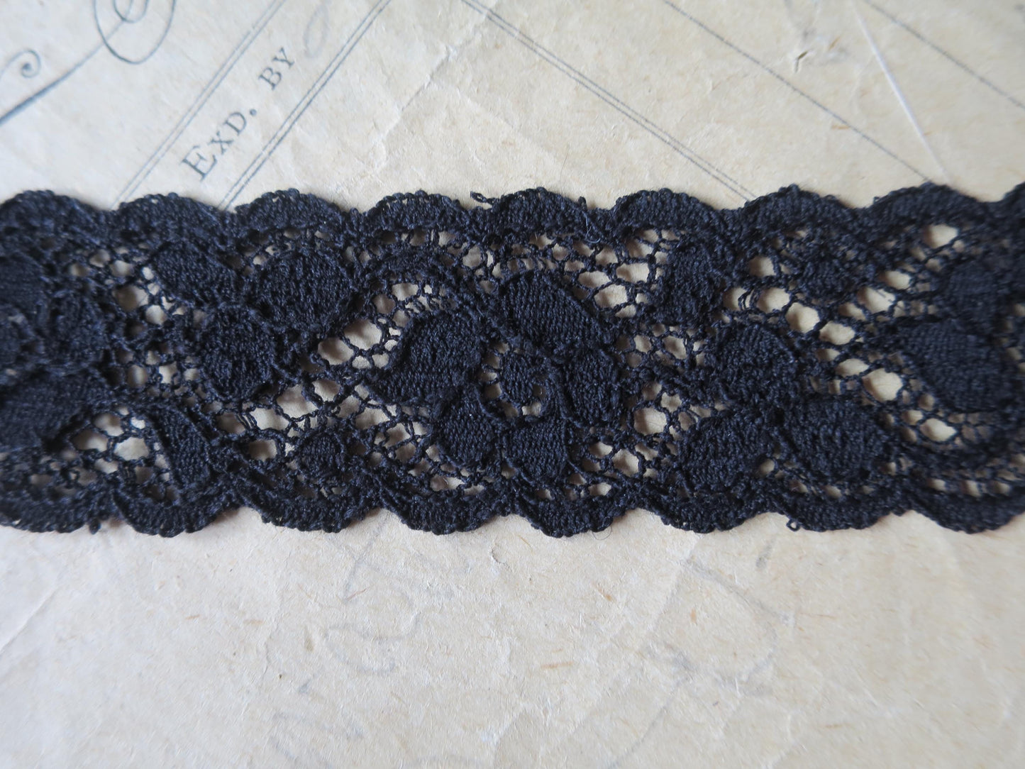 Black English Nottingham Lace- Scalloped Raised Floral Guipure- Galloon- 2.7 cm