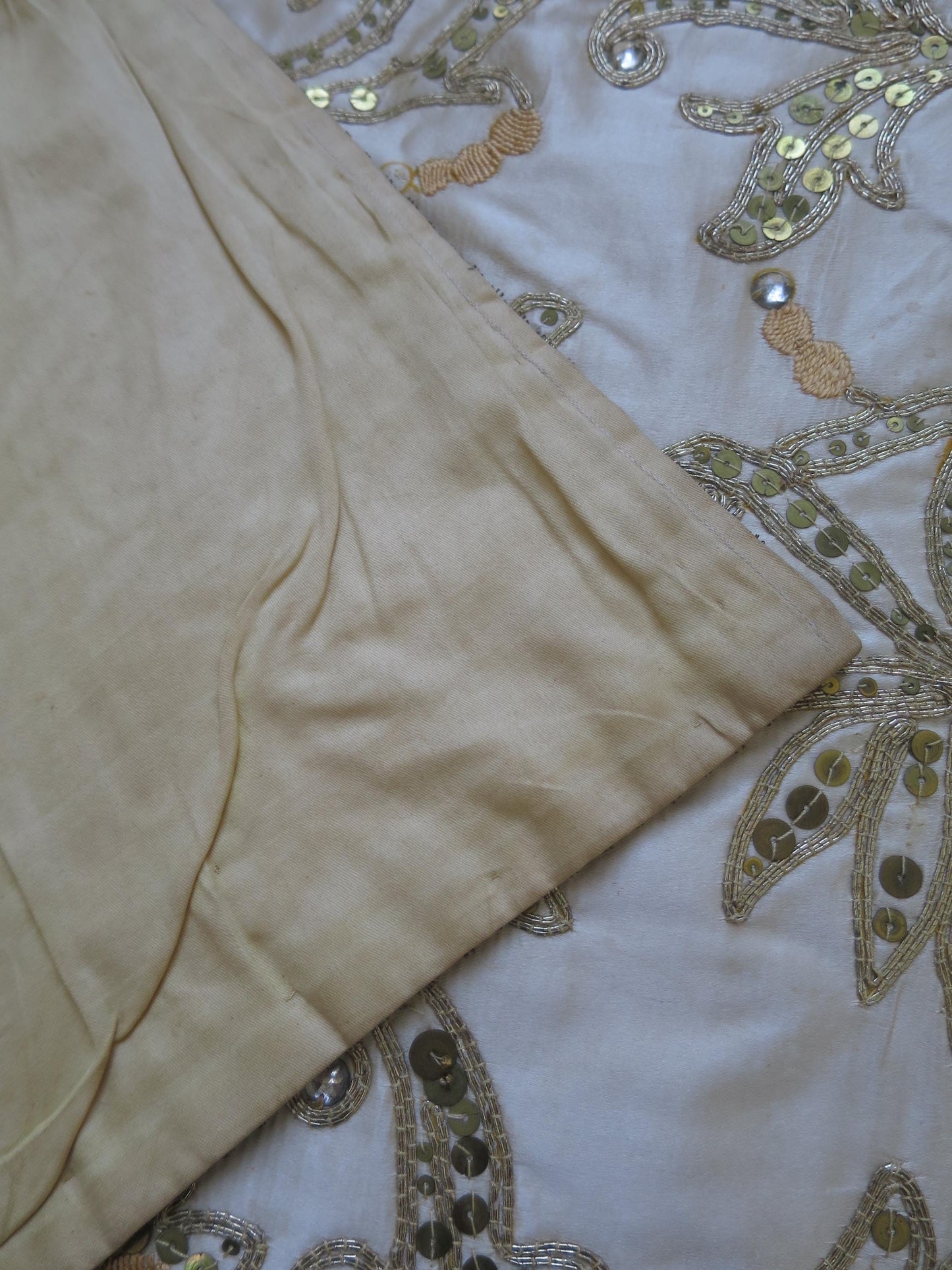 Antique Cream Silk Spangled & Couched Gold Work Anglo Indian Panel