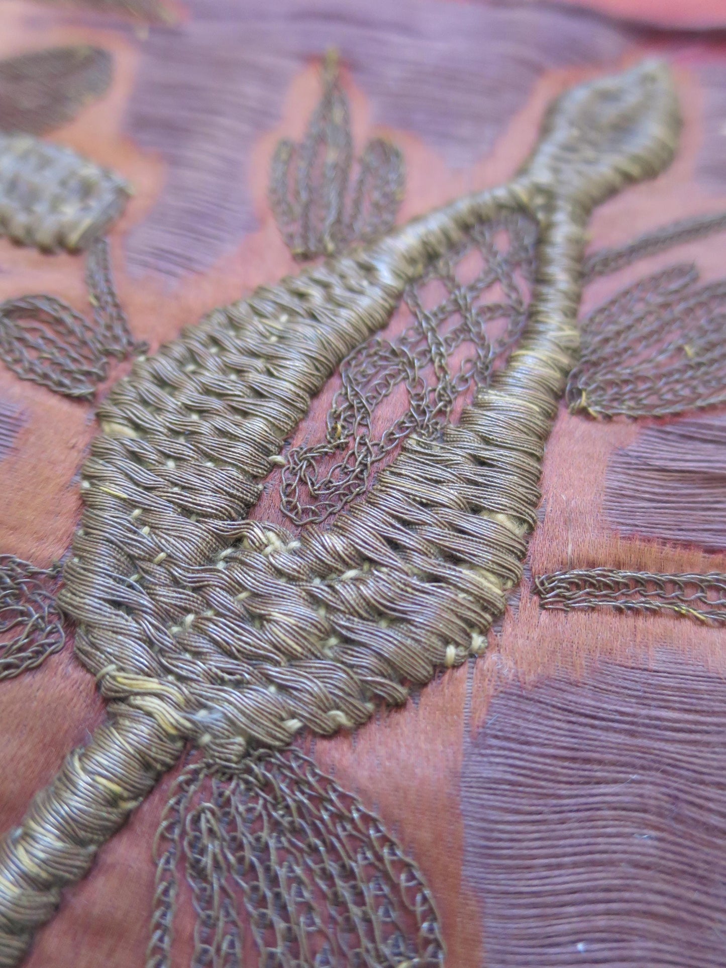 Antique Rust Silk Raised Gold Work Embroidered Anglo Indian Panel