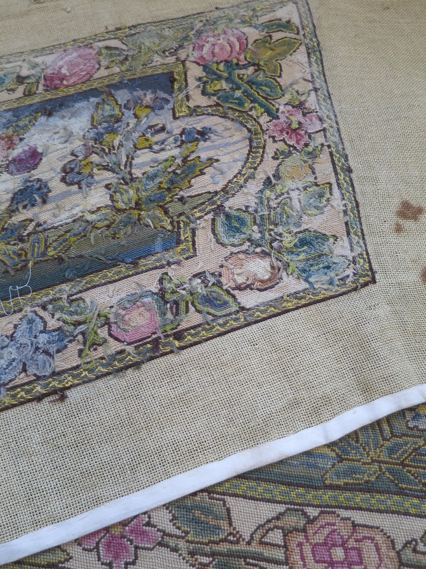 Antique Arts & Crafts Period Jacobean Needlepoint Bench Seat Cover