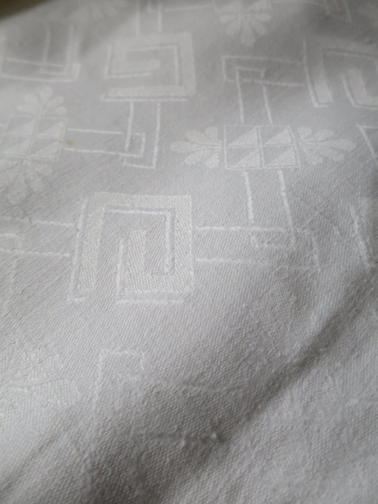Vintage Linen Damask Table Cloth- Geometric Design- 168 x 164 cm/ 64 x 66 "