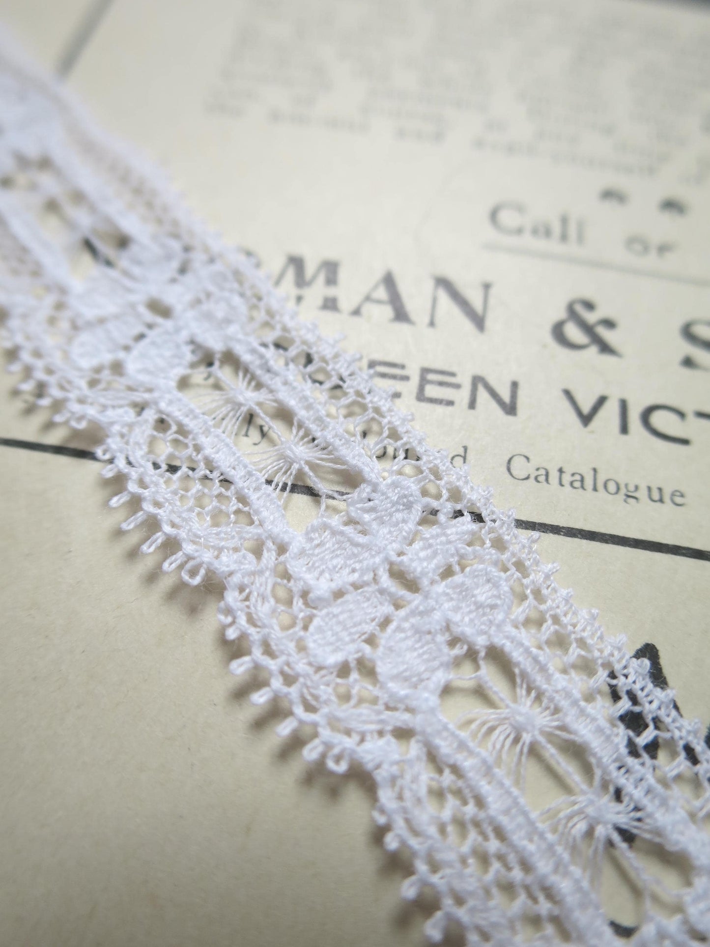 White English Nottingham Lace- Floral & Openwork Point Lace- 1.7 cm