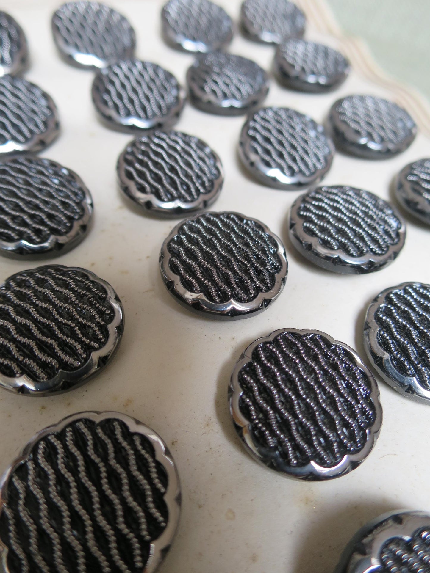 24 Antique Carded Art Deco Czechoslovakian Glass Buttons- Black & Silver- Parallel Waves Design