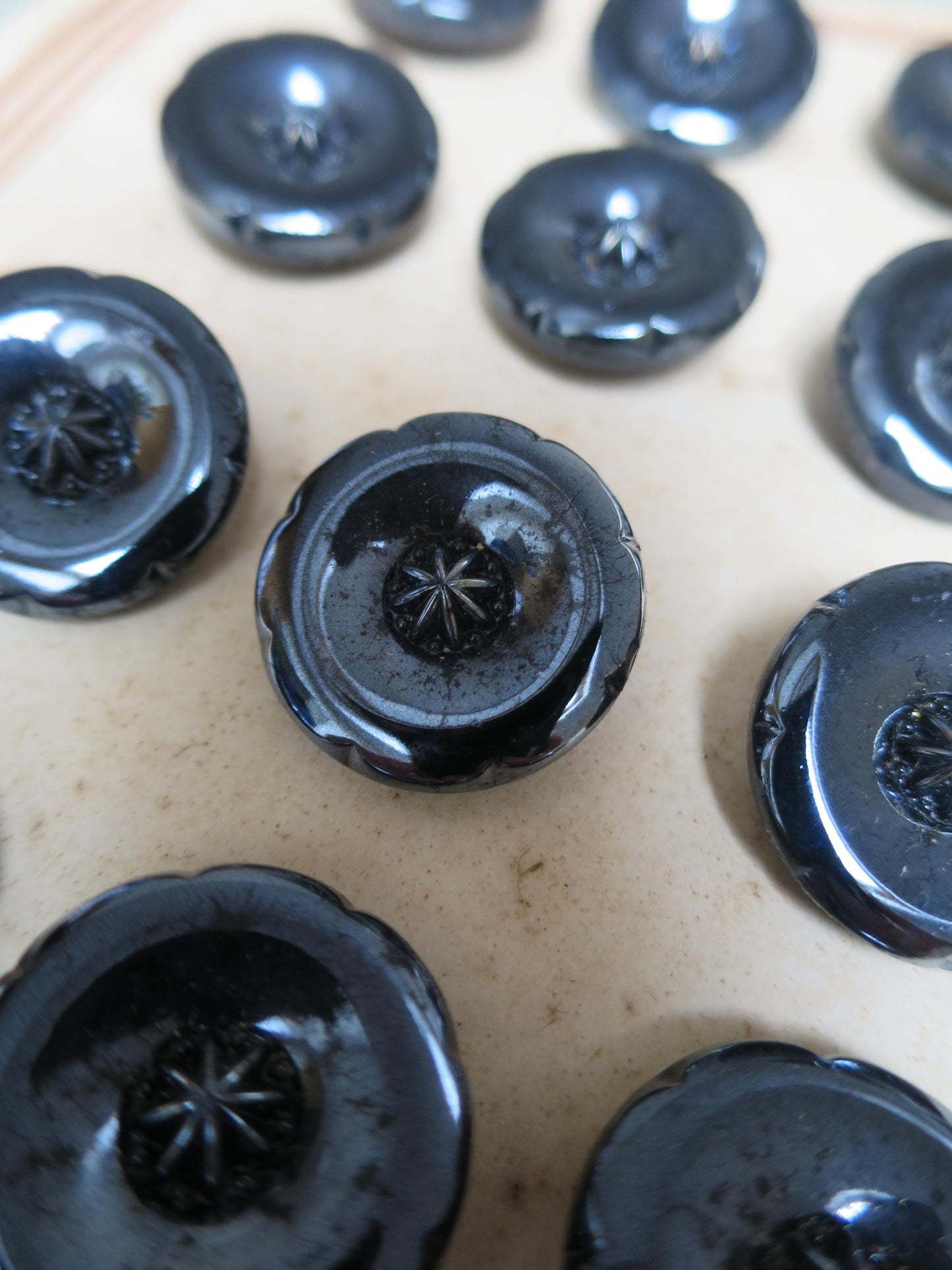 24 Antique Carded Art Deco Czechoslovakian Glass Buttons- Silver Convex Curve