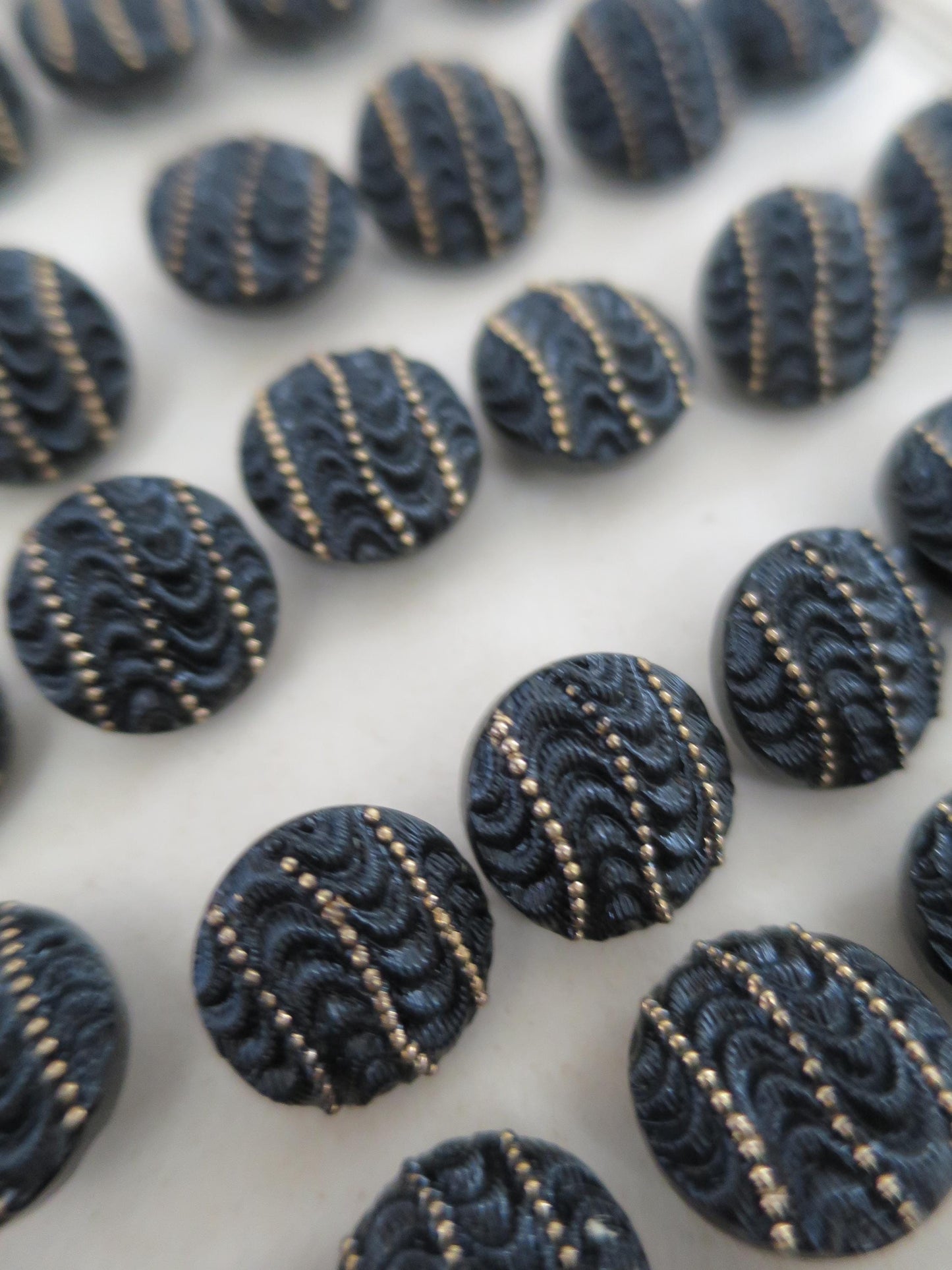 36 Antique Carded Art Deco Czechoslovakian Glass Buttons- Black & Gold Waves and Dots Design
