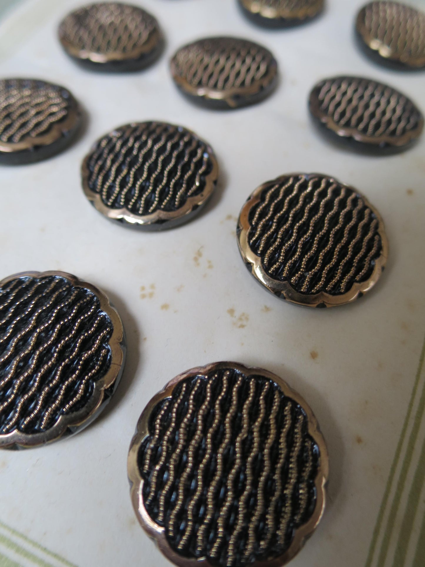 12 Antique Carded Art Deco Czechoslovakian Glass Buttons- Black & Gold- Parallel Waves Design